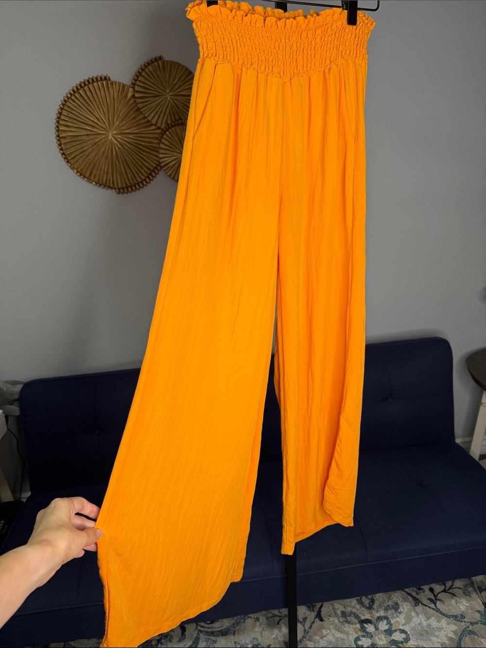 Women's Orange Smocked-Waist Wide Leg Lightweight Beach Resort Pants  XS/Small